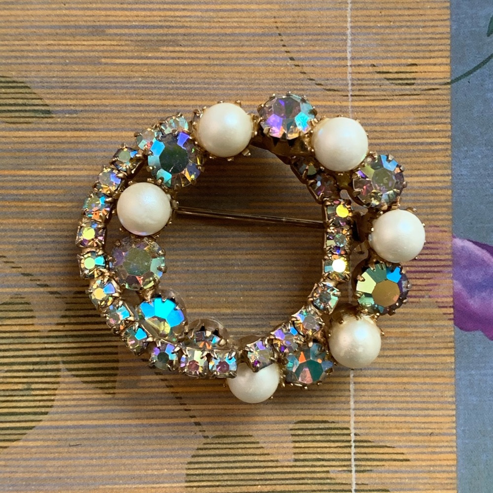 Vintage Golden Tone Overlapping Circle Brooch with Faux Pearl and AB Rhinestones